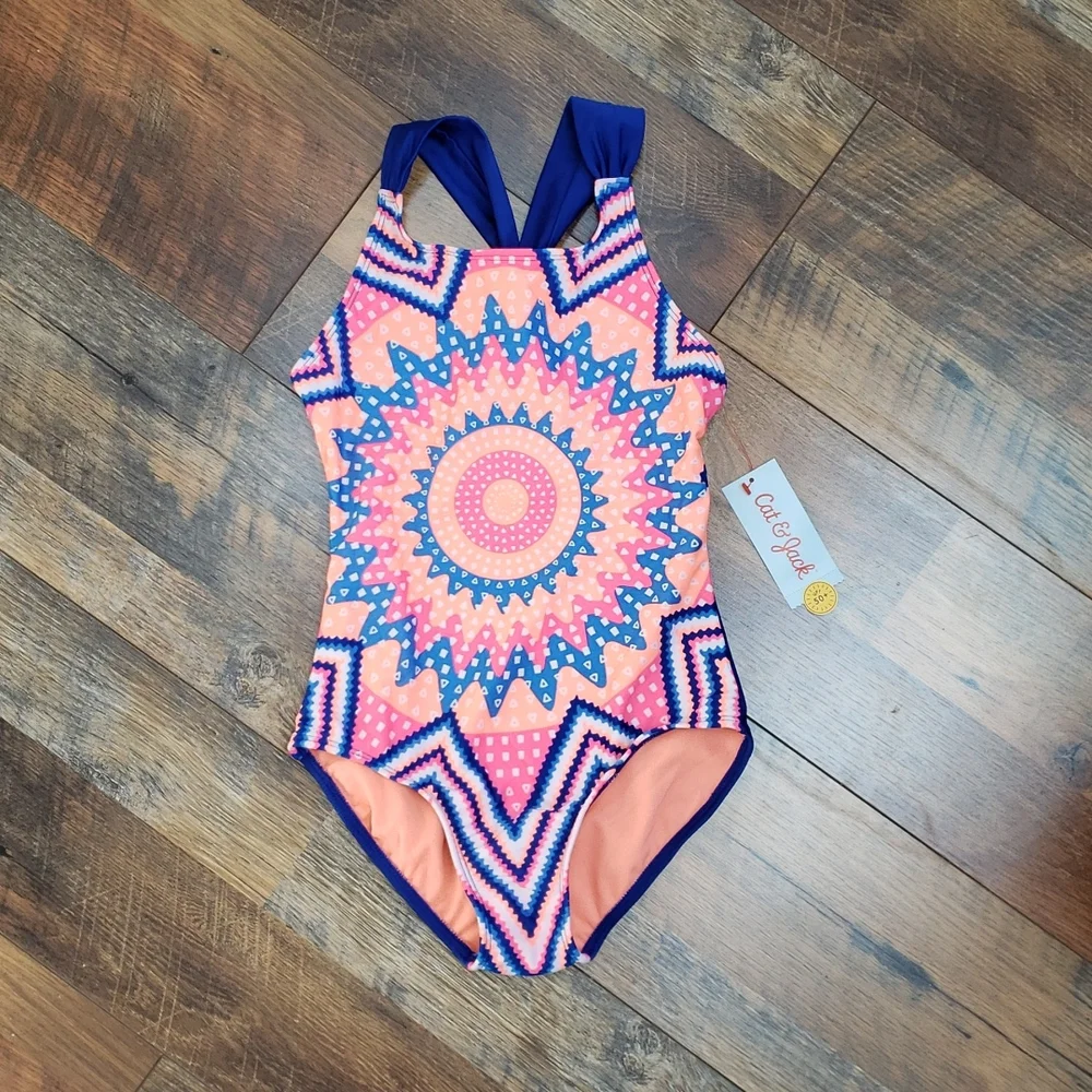 NWT Cat & Jack Blue and Pink One Piece Swimsuit, Size Medium 7/8